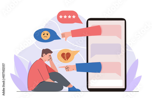 Man with cyber bullying. Sad young guy sitting next to smartphone with offensive messages. Negative feelings. Frustration and depression. Flat vector illustration isolated on white background