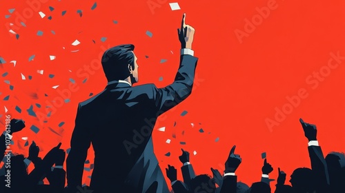 A man in a suit stands with his arm raised, addressing a crowd of people celebrating.