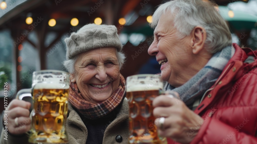 An older couple smiling and reminiscing over their favorite German memories holding nonalcoholic beer steins as they reminisce. An older couple smiling and reminiscing over their favorite German memories holding nonalcoholic beer steins as they reminisce.