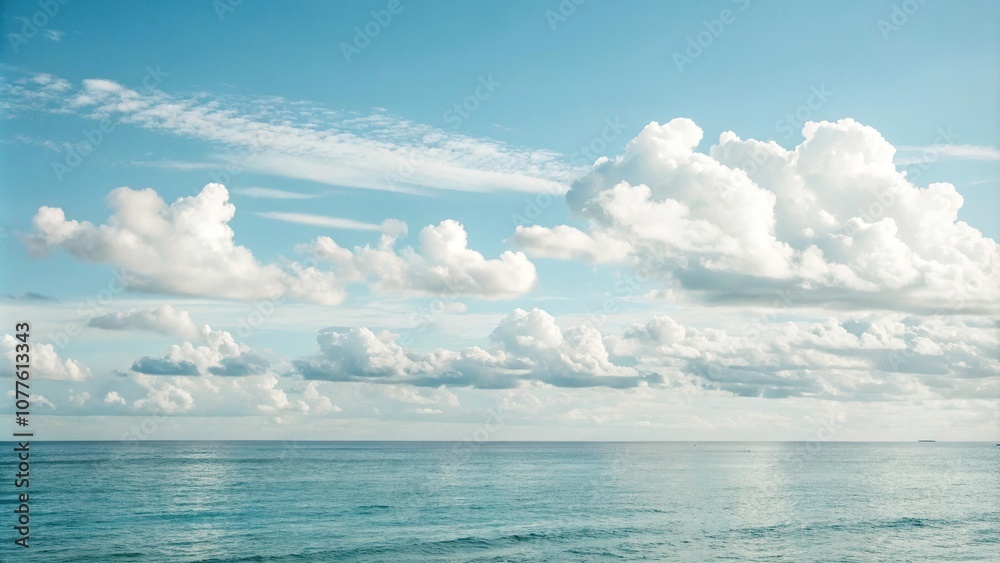 Soft light blue sky with puffy white clouds scattered across the horizon, creating a serene atmosphere, idyllic landscape, cloud formations