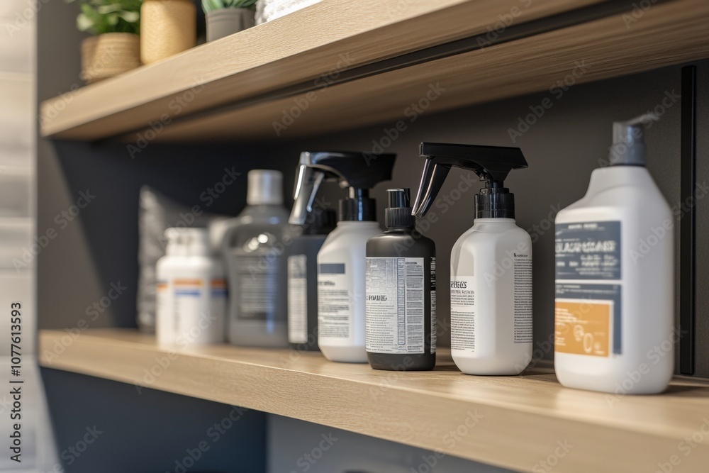 Neatly organized cleaning supplies on a shelf in a modern laundry room Neatly organized cleaning supplies on a shelf in a modern laundry room