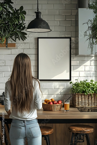 small blank black frame for mockup size A3 in a modern kitchen with a Asian brunette woman near the frame drinking a tea a basket of fruits