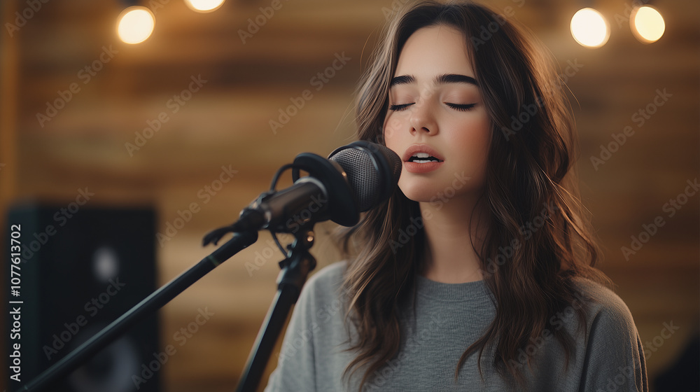 young woman singing into microphone, with soft expression, in cozy setting with warm lights. Her long hair frames her face beautifully. young woman singing into microphone, with soft expression, in cozy setting with warm lights. Her long hair frames her face beautifully.