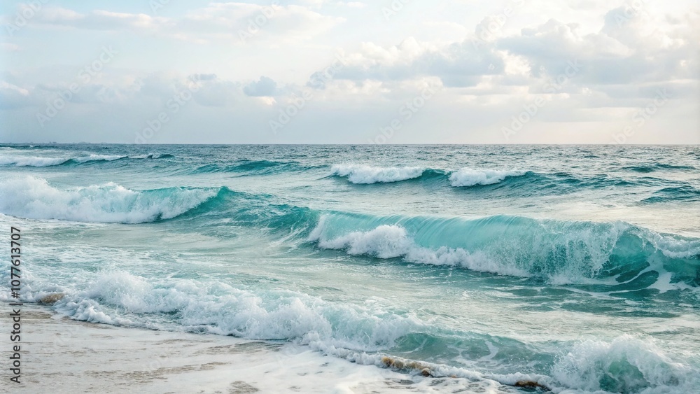 Fototapeta premium Softly blended watercolor waves on a serene ocean background, outdoors, blue, nature, watercolor