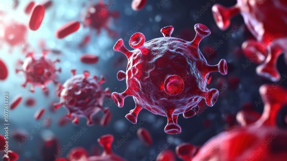 A microscopic view of a virus with red blood cells in the background. A microscopic view of a virus with red blood cells in the background.