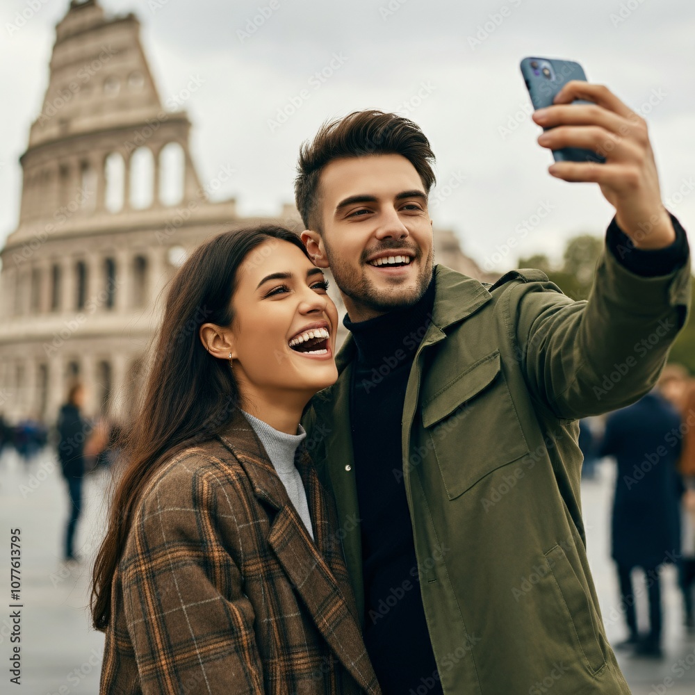 Fototapeta premium Smiling couple taking a selfie in front of a famous landmark