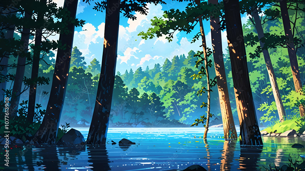 Peaceful lake surrounded by tall trees. Background Peaceful lake surrounded by tall trees. Background