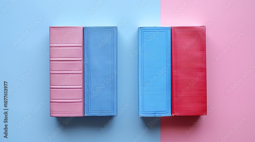 Naklejka premium Stacked books with colorful covers, vibrant blue and pink gradient background, flat lay composition, educational tools, modern and minimalist academic design, bold aesthetic.