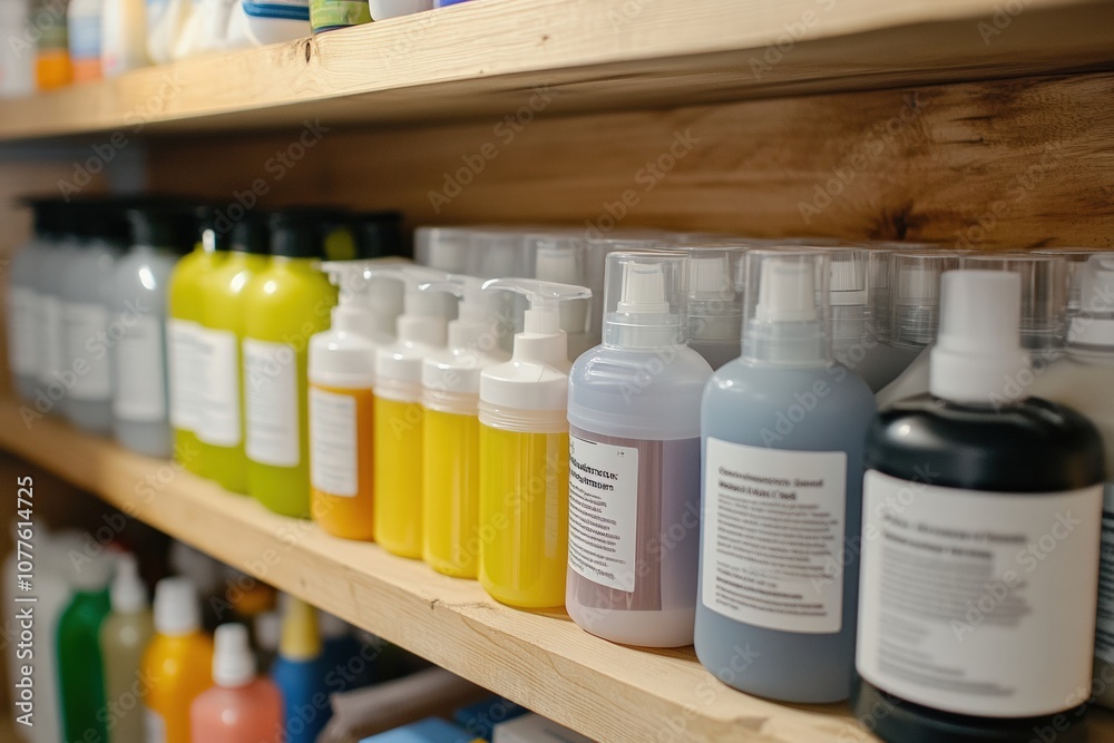 Organized cleaning closet with supplies neatly arranged. Organized cleaning closet with supplies neatly arranged.