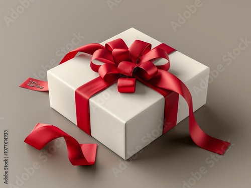 Open white gift box with red ribbon and bow, 3D rendering minimal design on grey background photo