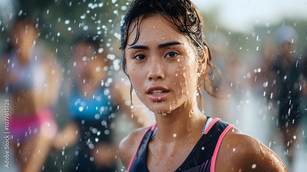 Dynamic Portrait of Young Asian Woman Athlete Running in the Rain Embracing a Healthy Lifestyle	