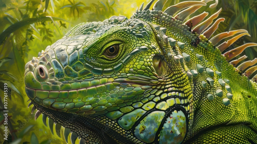 Fototapeta premium A close-up of a green iguana showcasing its textured scales, sharp spines, and intricate patterns. The iguana's piercing eyes and calm expression stand out against a blurred, natural background.