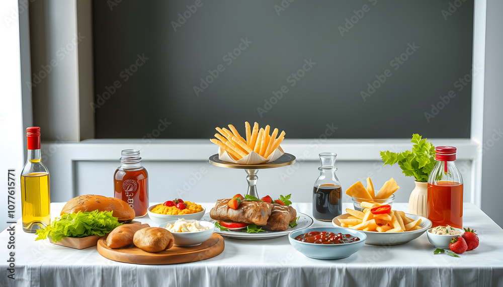 Table full of tasty food beautifully decorated isolated with white highlights, png Table full of tasty food beautifully decorated isolated with white highlights, png