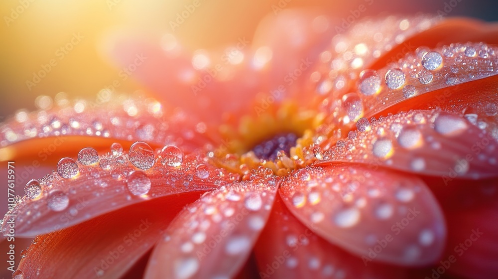 Close-up of a vibrant flower with water droplets glistening.