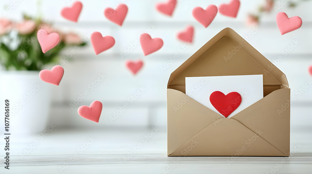Love Letter in a Brown Envelope with Hearts Falling, red, pink, white, romantic, valentines