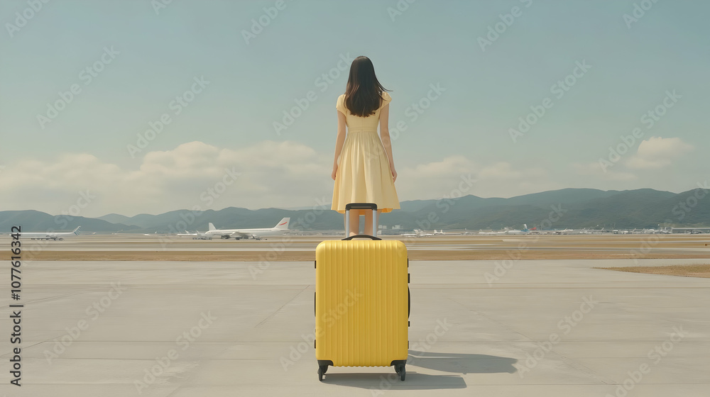Fototapeta premium Woman traveler with suitcase walking on the road to the beach for a summer vacation