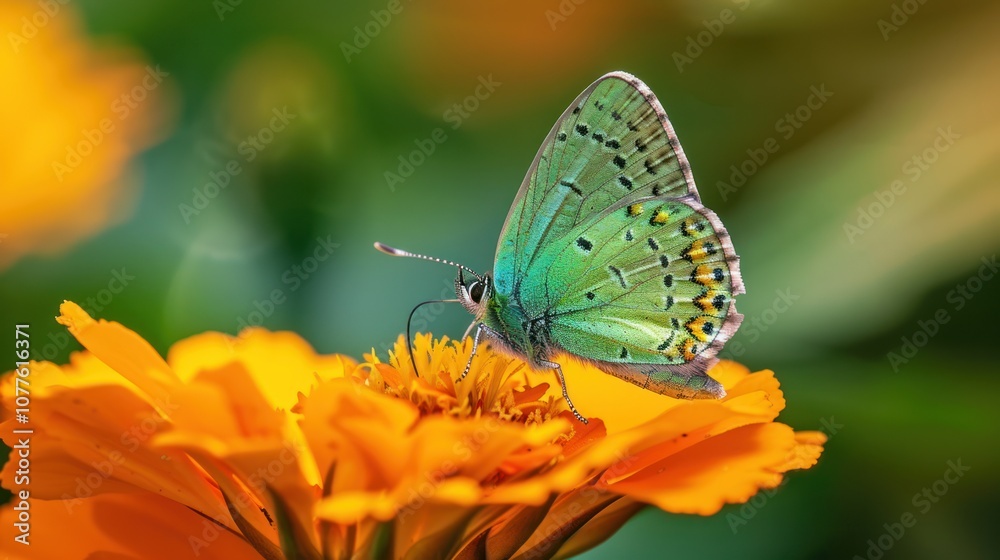 Fototapeta premium A vibrant green butterfly with black and yellow markings rests on a bright orange flower, against a soft, blurred green background. The scene captures the delicate details of the butterfly and petals.