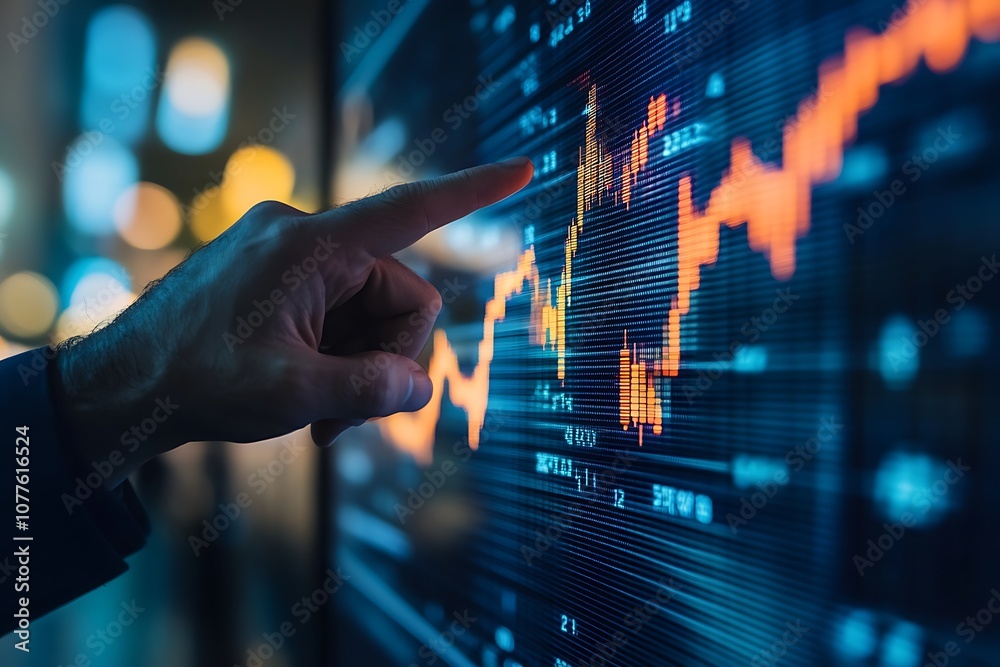 Close up of Hand Interacting with Stock Market Data on a Computer Screen