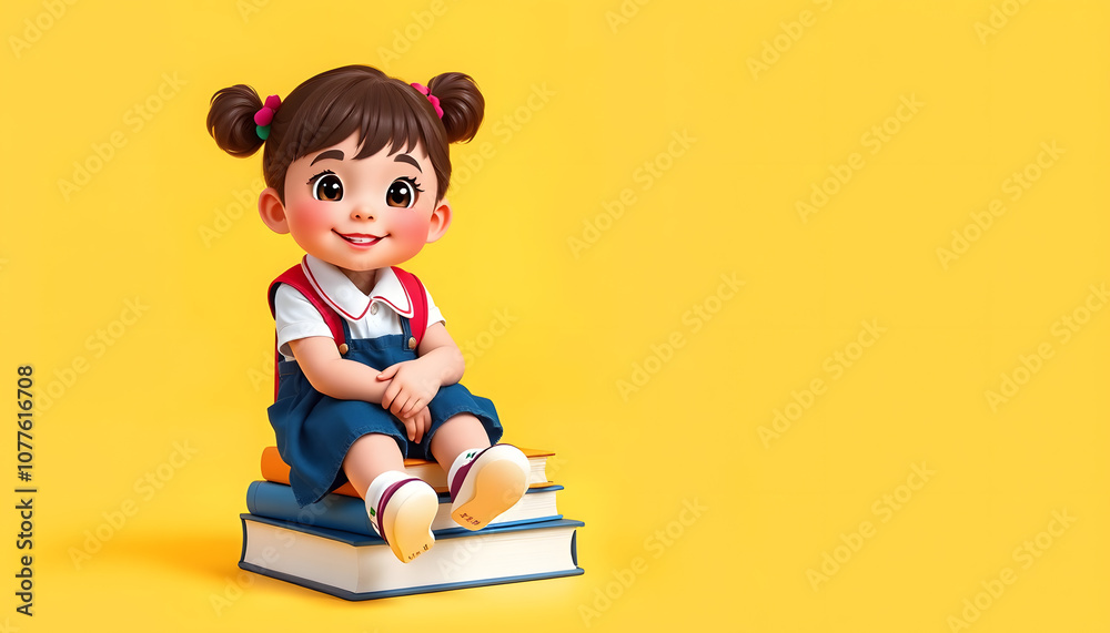 Cute School Girl Sitting On Book Stack Smiling At Camera On Yellow Background In Studio. Free Space For Text isolated with white highlights, png Cute School Girl Sitting On Book Stack Smiling At Camera On Yellow Background In Studio. Free Space For Text isolated with white highlights, png