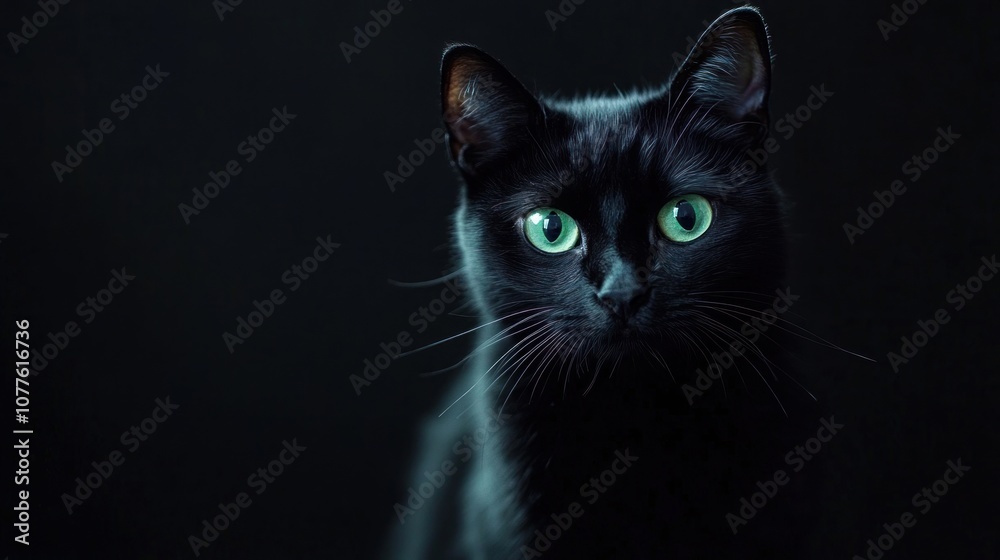 Black Cat Portrait with Mystical Green Eyes