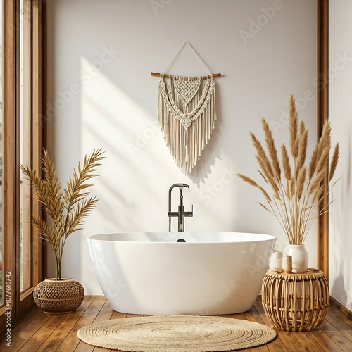 Bohemian Bliss bathtub, boho, bohemian, macrame, rattan, natural, earthy, relaxed, interior, bathroom, kitchen, room, home, design, furniture, house, sink, bath, wood, mirror, table, luxury, decoratio photo