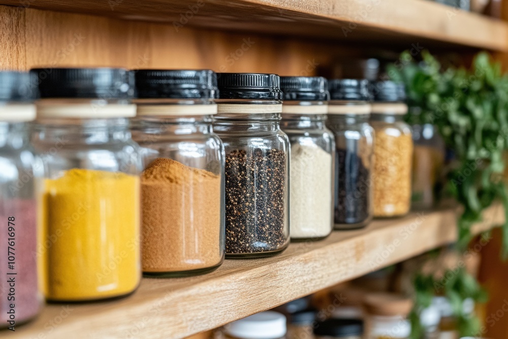 Organized pantry with jars and baskets, and a clean, dust-free surface Organized pantry with jars and baskets, and a clean, dust-free surface
