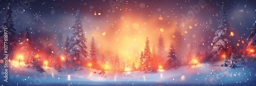 Winter Wonderland with Illuminated Christmas Tree and Snowy Forest
