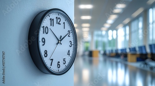 A wall clock in a modern, bright office environment.