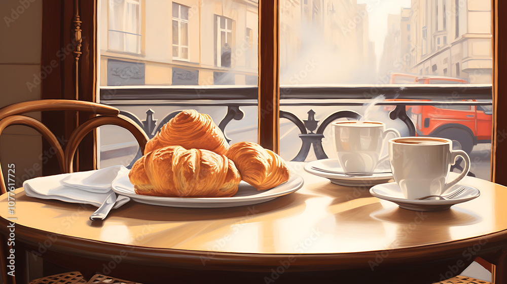 Classic French Breakfast with Croissant, Baguette, and Espresso