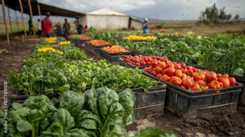 Freshly harvested vegetables in black crates, rows of ripe tomatoes, spinach and peppers.