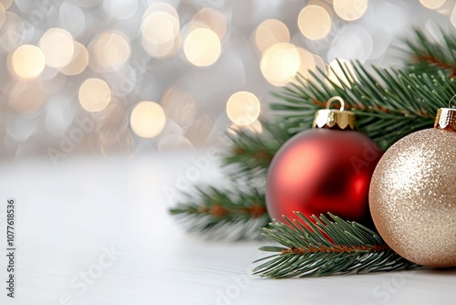 A red and gold ornament sits on a tree branch