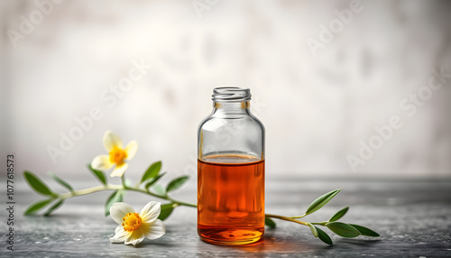 Evening primrose oil in a glass bottle on a table isolated with white highlights, png