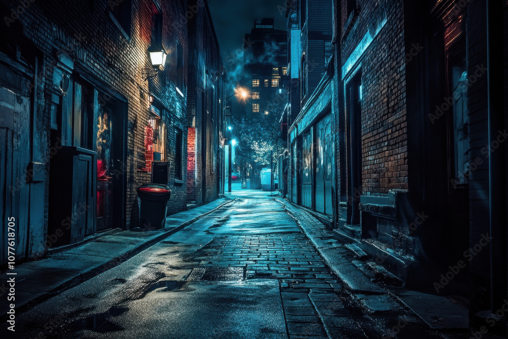 Moody nighttime urban alley with wet cobblestones and glowing streetlights, creating a mysterious and atmospheric scene in a dimly lit city environment.