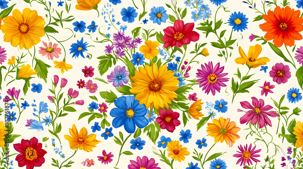 custom made wallpaper toronto digitalSeamless Floral Pattern with Colorful Wildflowers on White Background, spring, summer, nature, garden, bloom