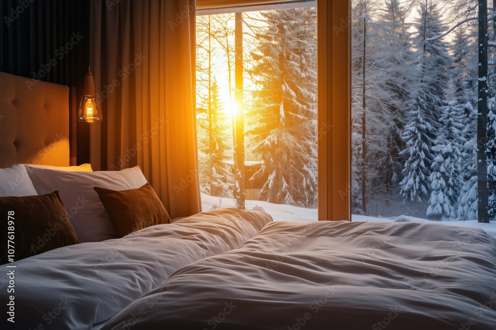 Fototapeta premium Modern minimalist luxury hotel room overlooking the forest