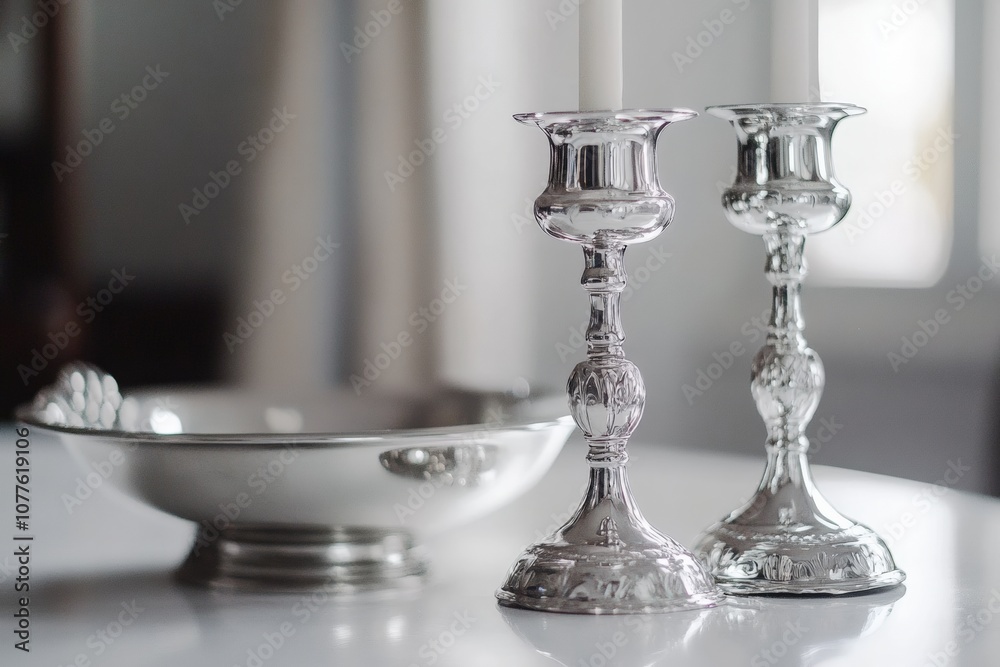 Hand polishing silver candlesticks on a clean, white table Hand polishing silver candlesticks on a clean, white table
