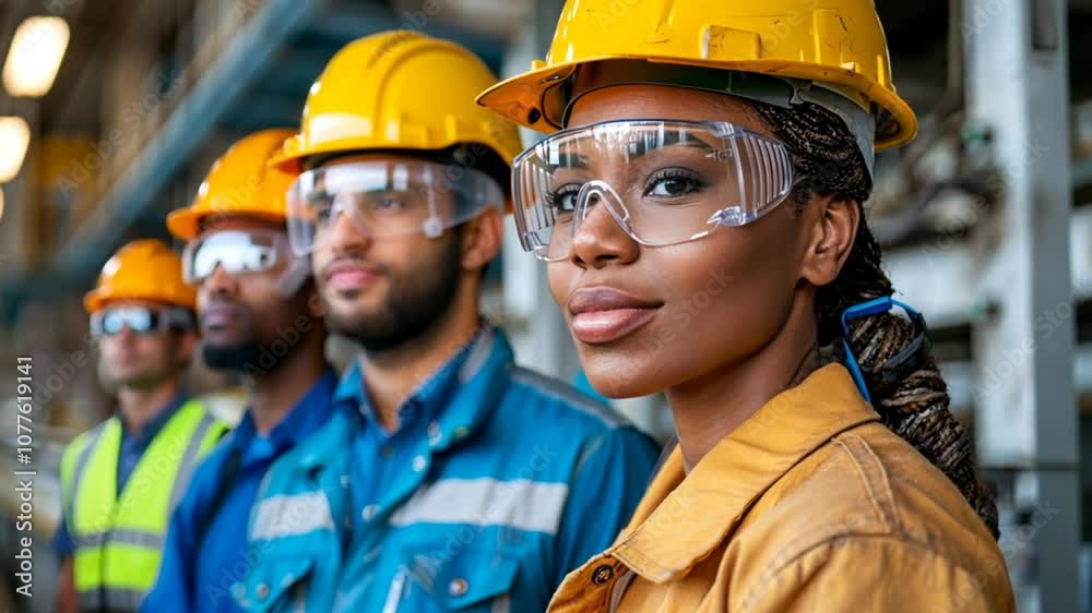 A group of construction workers stands together, wearing hard hats, safety glasses, and reflective vests, focused on their tasks and promoting a culture of safety and teamwork A group of construction workers stands together, wearing hard hats, safety glasses, and reflective vests, focused on their tasks and promoting a culture of safety and teamwork