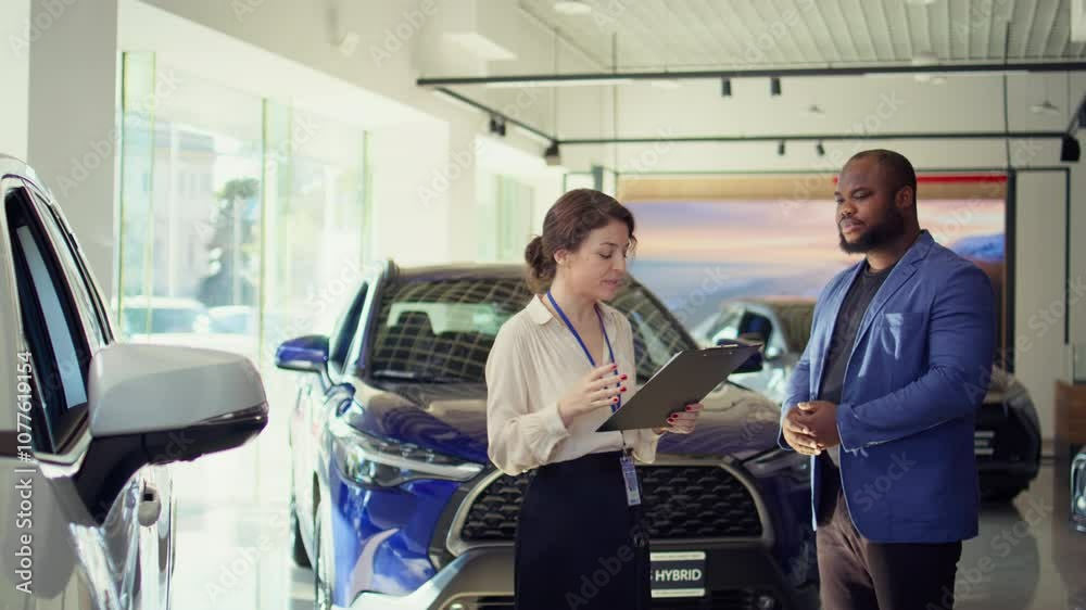 Saleswoman in dealership negotiating price and extra car features to help solidify deal, earning commission bonuses on every sale. Agent persuading hesitant customer to buy vehicle, camera B Saleswoman in dealership negotiating price and extra car features to help solidify deal, earning commission bonuses on every sale. Agent persuading hesitant customer to buy vehicle, camera B