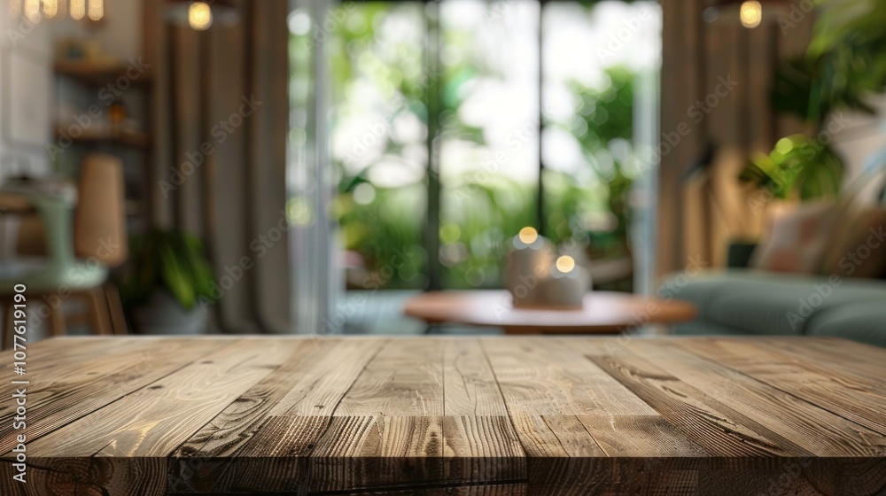 Empty table with blurred abstract living room background, AI generated image