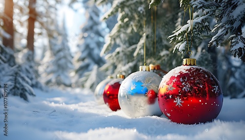 christmas ornaments in a snowy forest