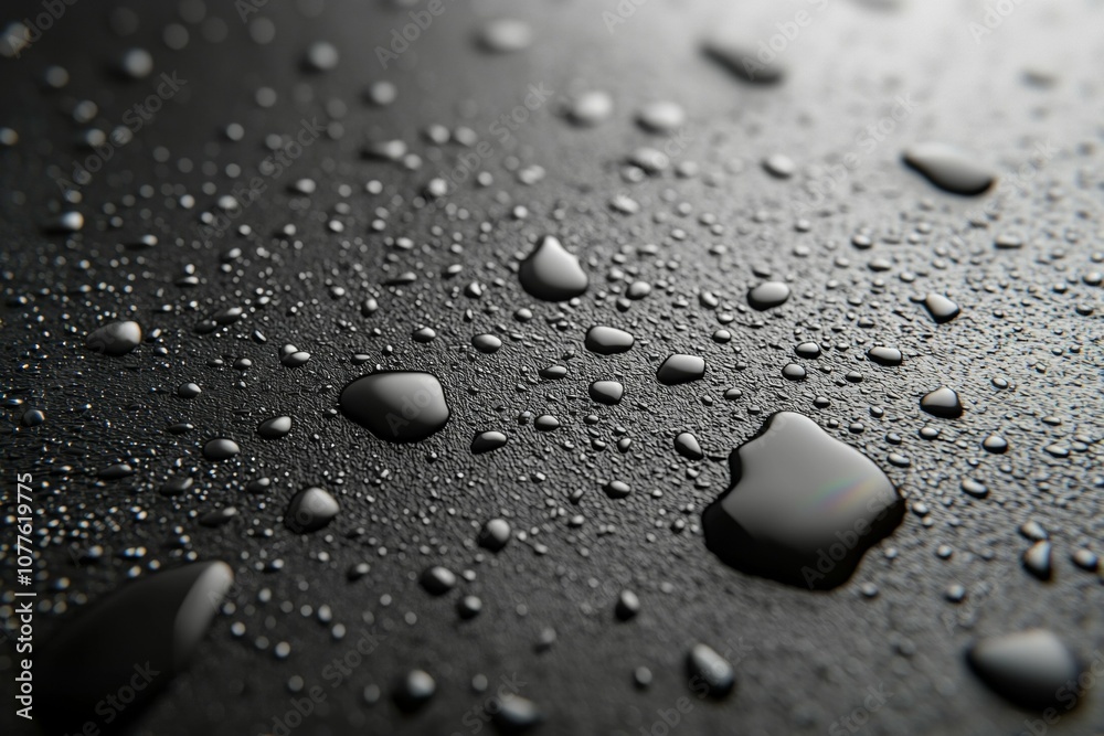 A wet surface with many small drops of water scattered across it A wet surface with many small drops of water scattered across it