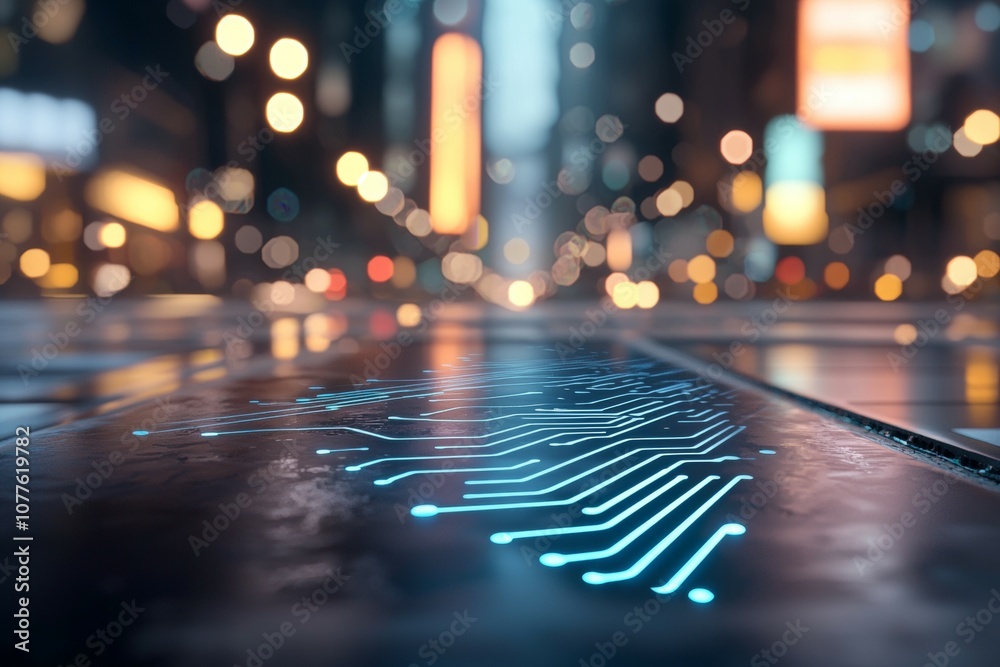 A city street with a blue and green lighted circuit board on the ground A city street with a blue and green lighted circuit board on the ground