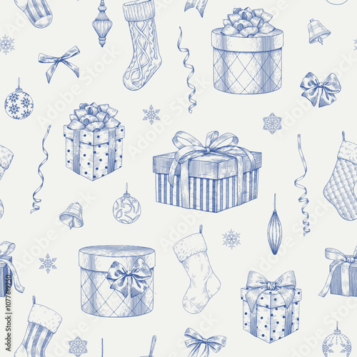 Christmas seamless pattern with gift boxes toys bows socks bells ribbon snowflakes. Blue beige. Hand drawn engraved elements. Toile Vintage vector background for design package, paper, decor new year