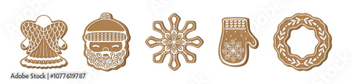 Set of isolated gingerbread cookies. Traditional Christmas sweets. Vector flat illustration. Angel, santa, snowflake, mitten, wreath. Christmas food icons