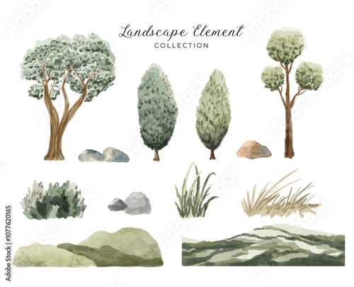 landscape element illustration collection; tree, grass, rock, hill, bush