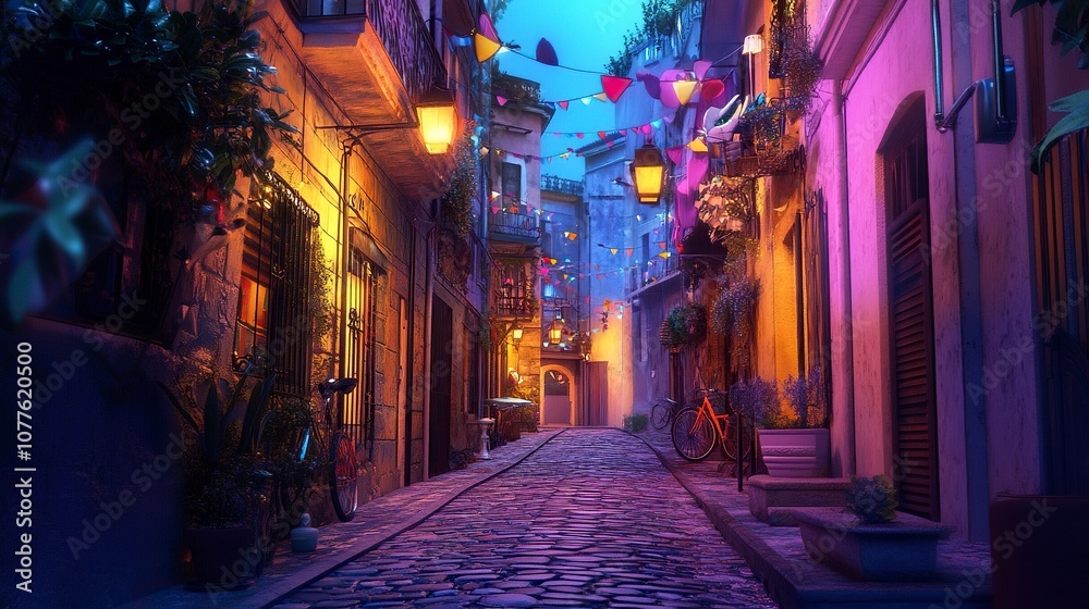 Fototapeta premium jazz, brighter, happy, white tone, alley road, no people, street lamp, colorful, summer night ,generative ai
