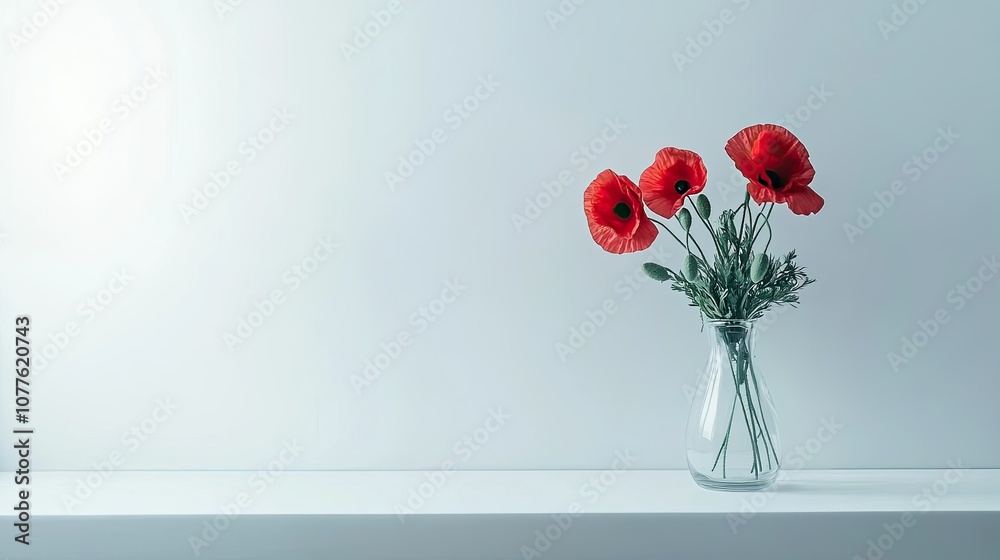 Fototapeta premium Vibrant Red Poppies in Glass Vase on Minimalist Shelf