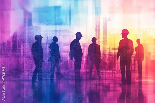 Silhouettes of construction workers standing in front of a colorful cityscape.