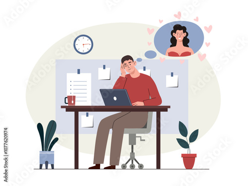 Worker with love fantasies. Man sits at his workplace with laptop and dreams of women. Love and romance. Relaxation and daydream in office. Flat vector illustration isolated on white background
