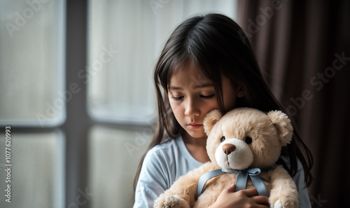 Trauriges Mädchen das ihren Teddybär festhält